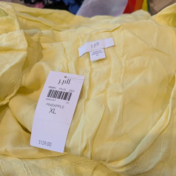 J. Jill Women's Large Yellow Pineapple Jacquard Tiered V Neck Cotton Rayon Dress - Picture 5 of 5